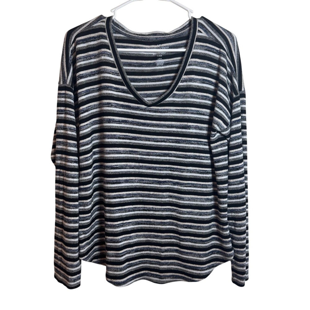 AmericanEagle Outfitters Women L Soft Sexy Plush Striped Long Sleeve V Neck Top